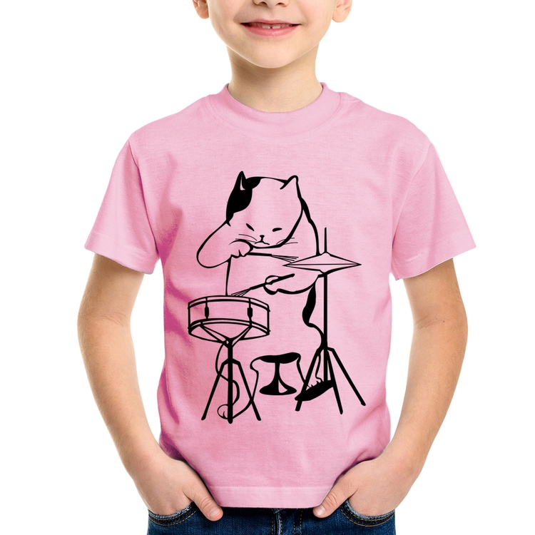 Camiseta Infantil Gato Baterista - Rosa Bebê