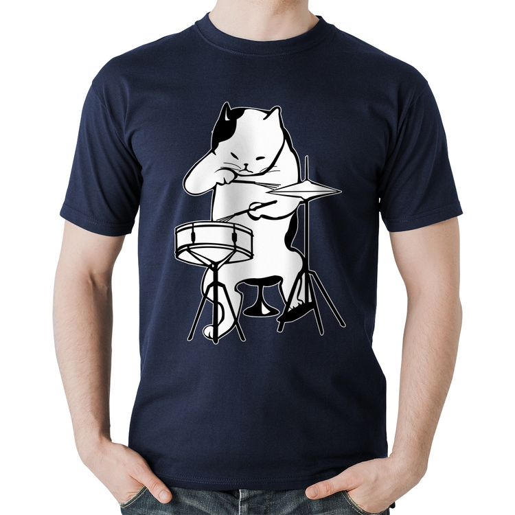 Camiseta Algodão Gato Baterista - Marinho