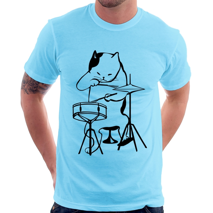 Camiseta Gato Baterista - Azul Bebê