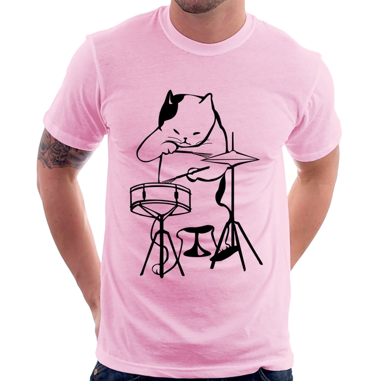 Camiseta Gato Baterista - Rosa Bebê