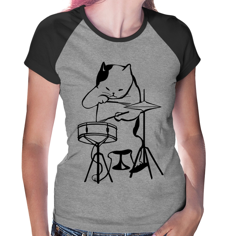 Baby Look Raglan Gato Baterista - Cinza/Preto