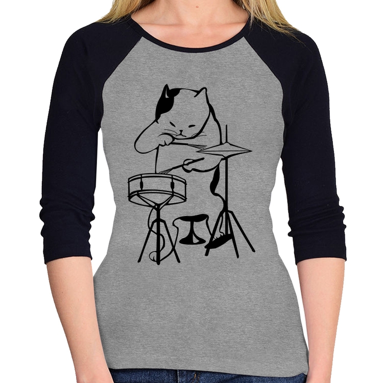 Baby Look Raglan Gato Baterista Manga 3/4 - Cinza/Preto