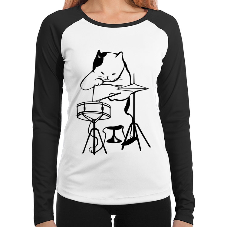 Baby Look Raglan Gato Baterista Manga Longa