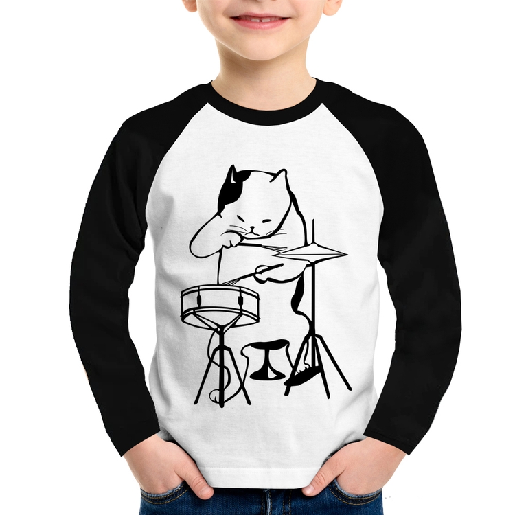 Camiseta Raglan Infantil Gato Baterista Manga Longa