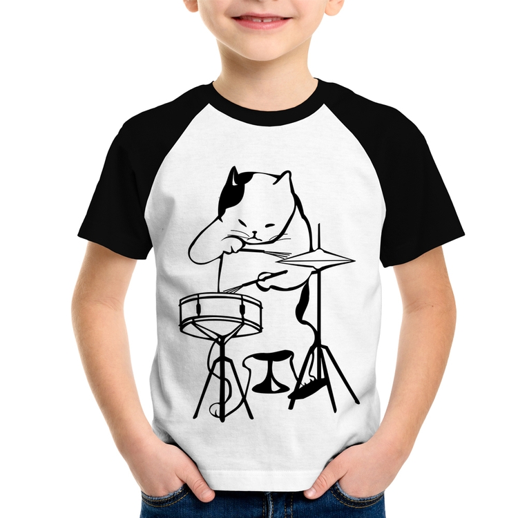 Camiseta Raglan Infantil Gato Baterista