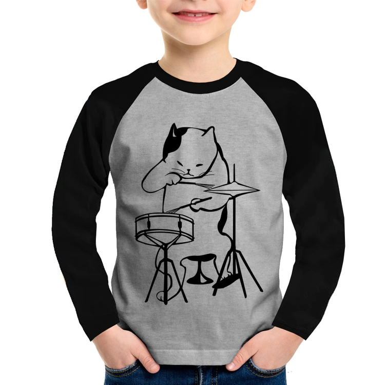 Camiseta Raglan Infantil Gato Baterista Manga Longa - Cinza/Preto