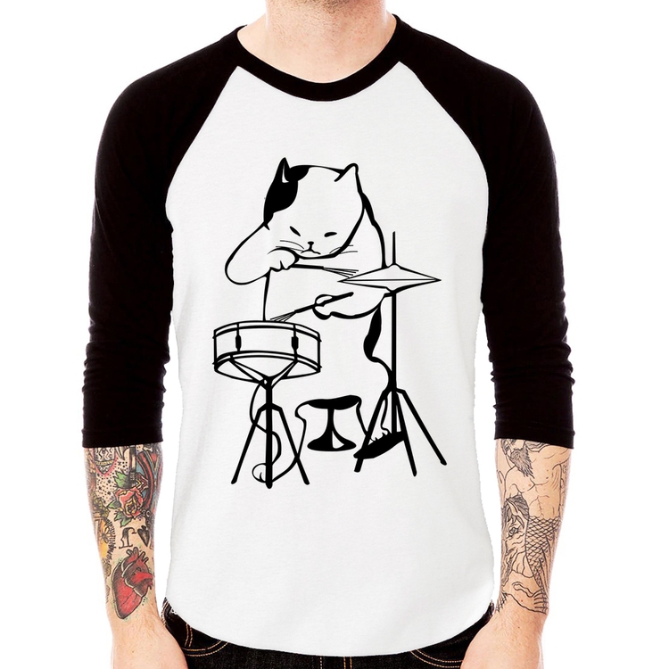 Camiseta Raglan Gato Baterista Manga 3/4