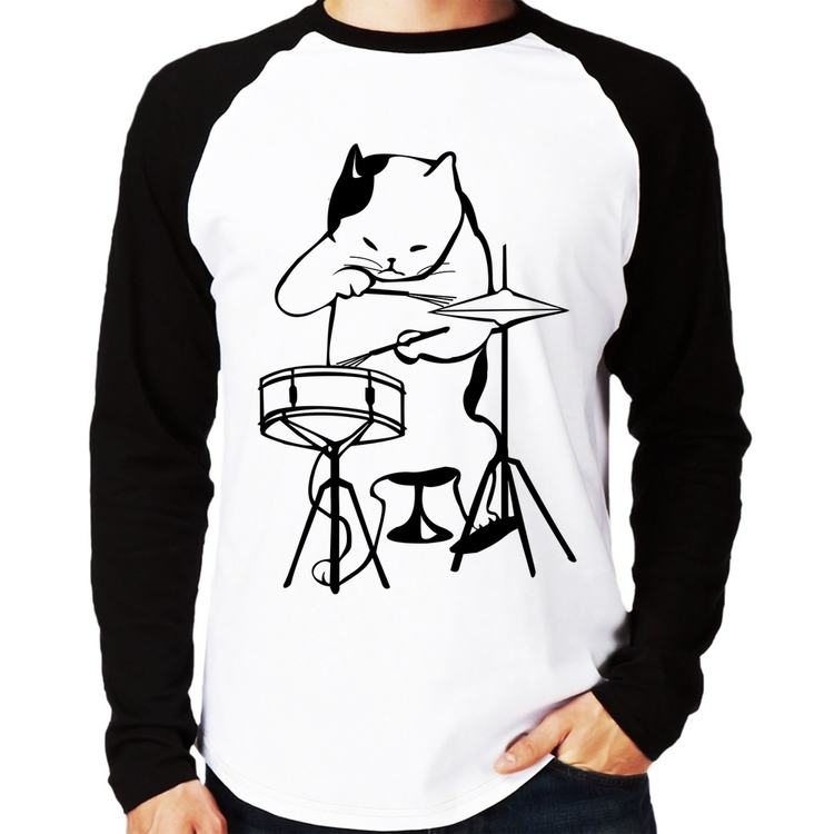 Camiseta Raglan Gato Baterista Manga Longa