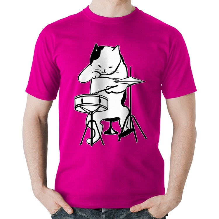 Camiseta Algodão Gato Baterista - Rosa