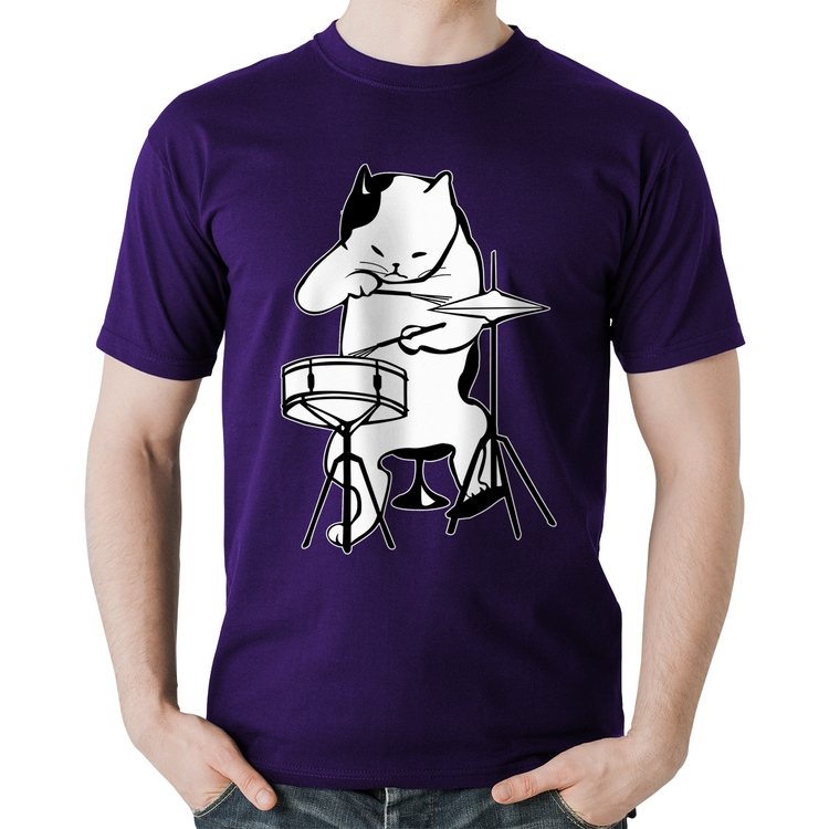 Camiseta Algodão Gato Baterista - Roxa