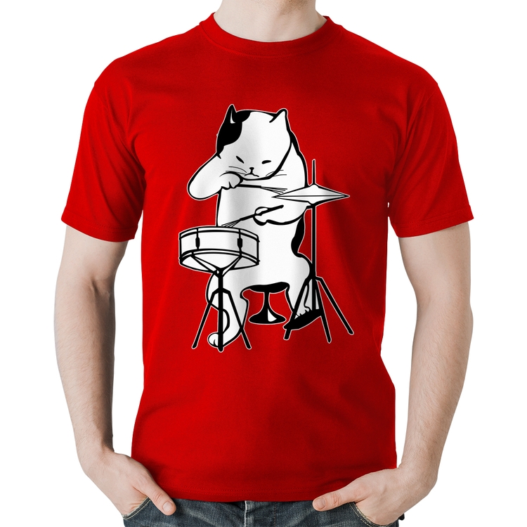 Camiseta Algodão Gato Baterista - Vermelha