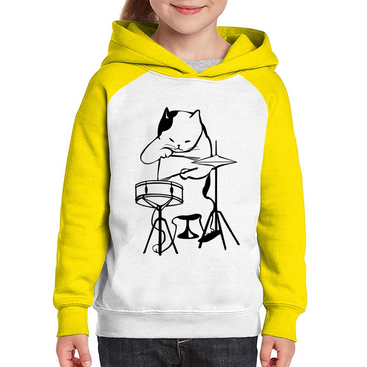 Moletom Infantil Gato Baterista - Branco/Amarelo