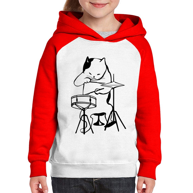 Moletom Infantil Gato Baterista - Branco/Vermelho