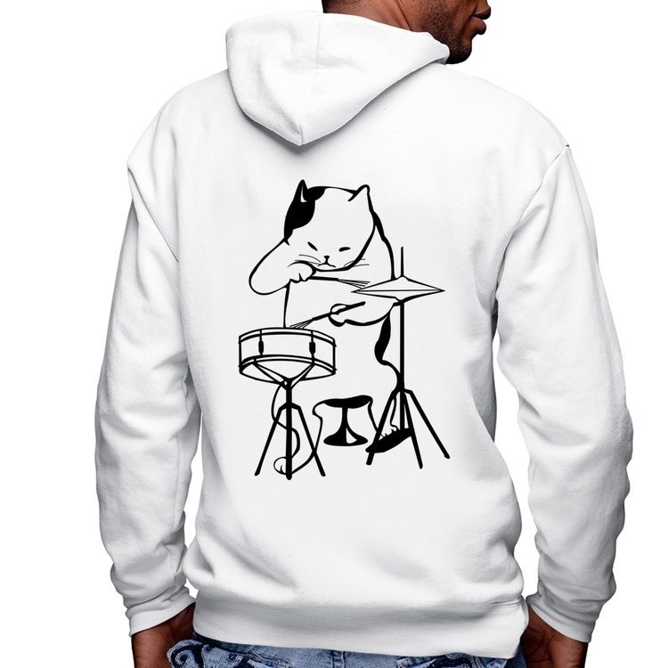 Blusa Moletom Gato Baterista Masculina com Capuz e Zíper - Branca