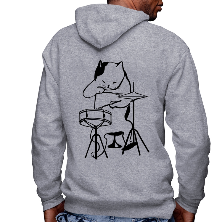 Blusa Moletom Gato Baterista Masculina com Capuz e Zíper - Mescla