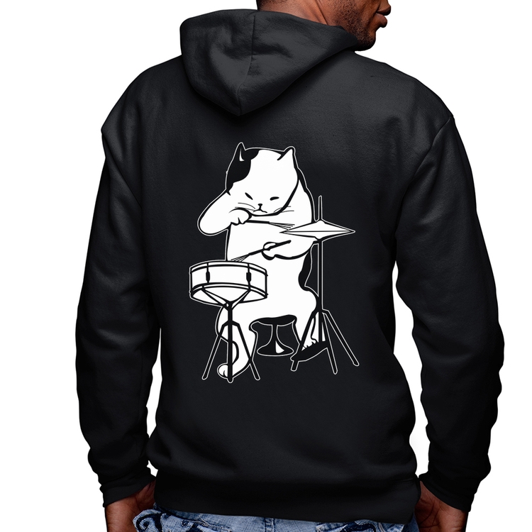 Blusa Moletom Gato Baterista Masculina com Capuz e Zíper