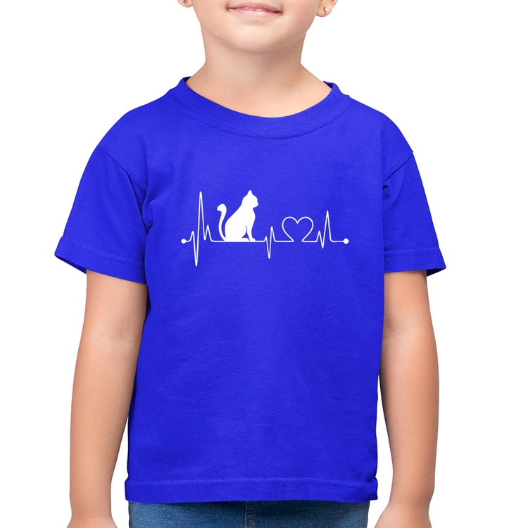 Camiseta Algodão Infantil Gato Batimentos Cardíacos - Azul Royal