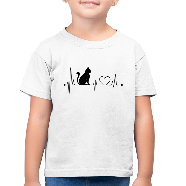 Camiseta Algodão Infantil Gato Batimentos Cardíacos - Branca