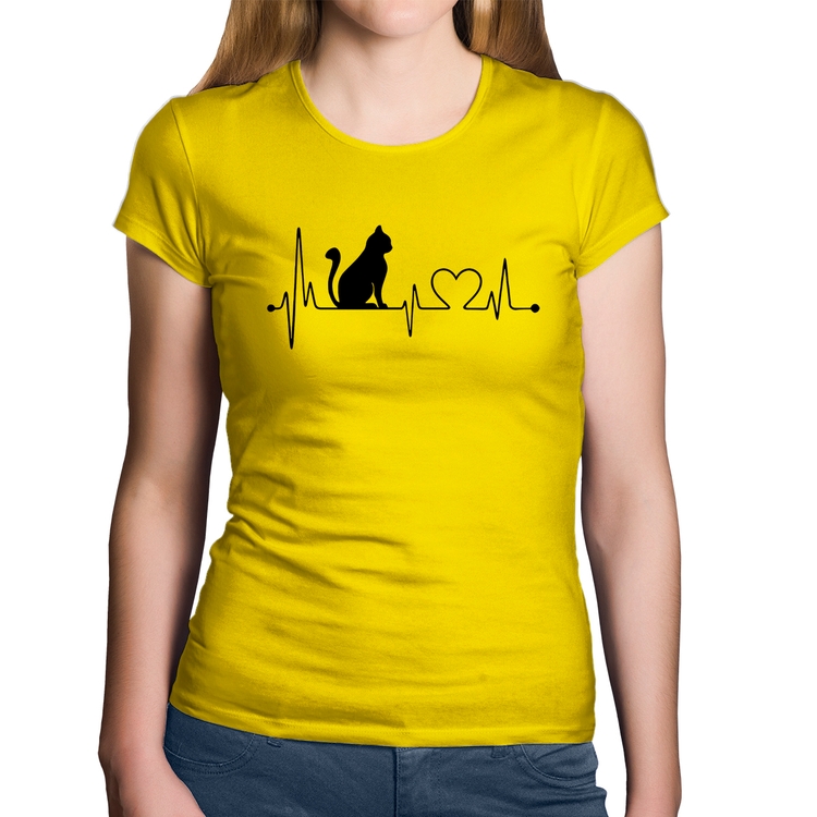 Baby Look Algodão Gato Batimentos Cardíacos - Amarela