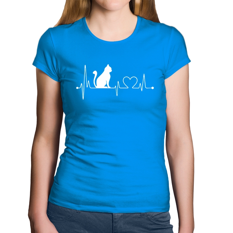 Baby Look Algodão Gato Batimentos Cardíacos - Azul