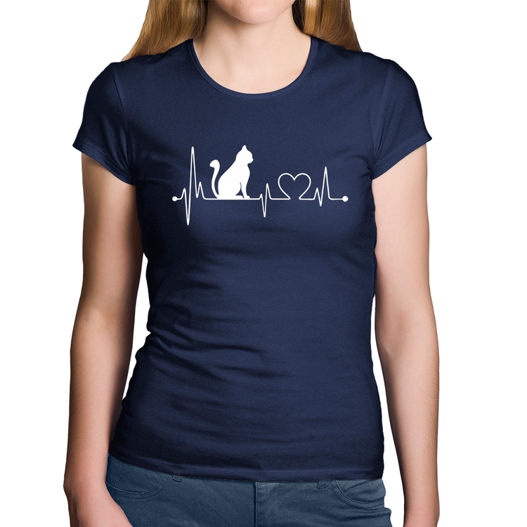 Baby Look Algodão Gato Batimentos Cardíacos - Marinho