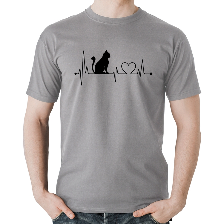 Camiseta Algodão Gato Batimentos Cardíacos - Cinza