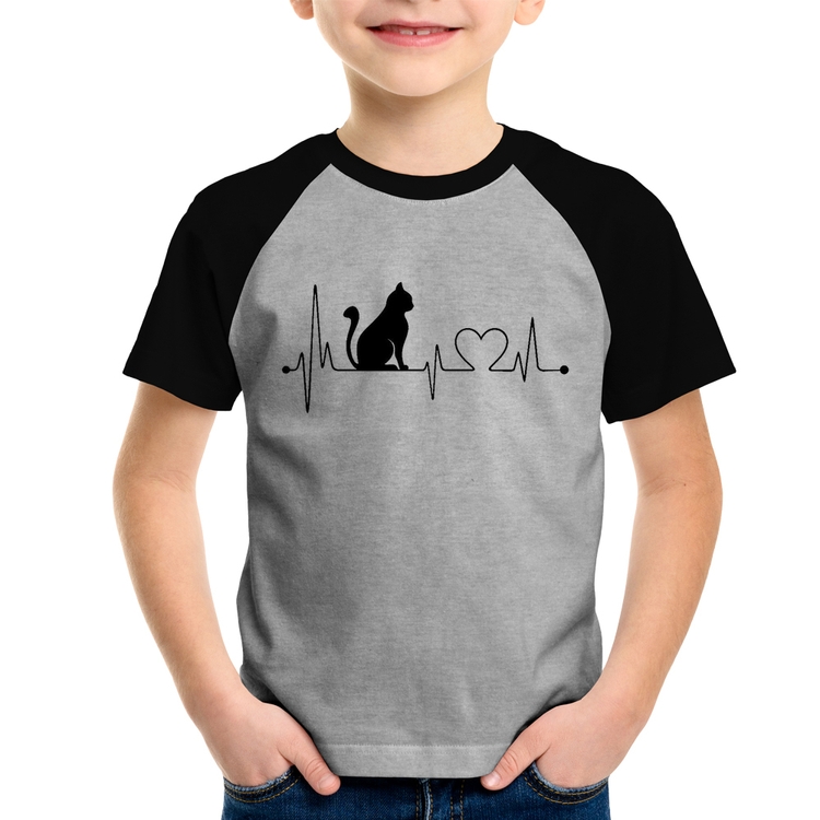 Camiseta Raglan Infantil Gato Batimentos Cardíacos - Cinza/Preto