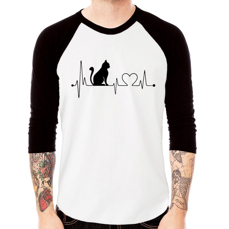 Camiseta Raglan Gato Batimentos Cardíacos Manga 3/4