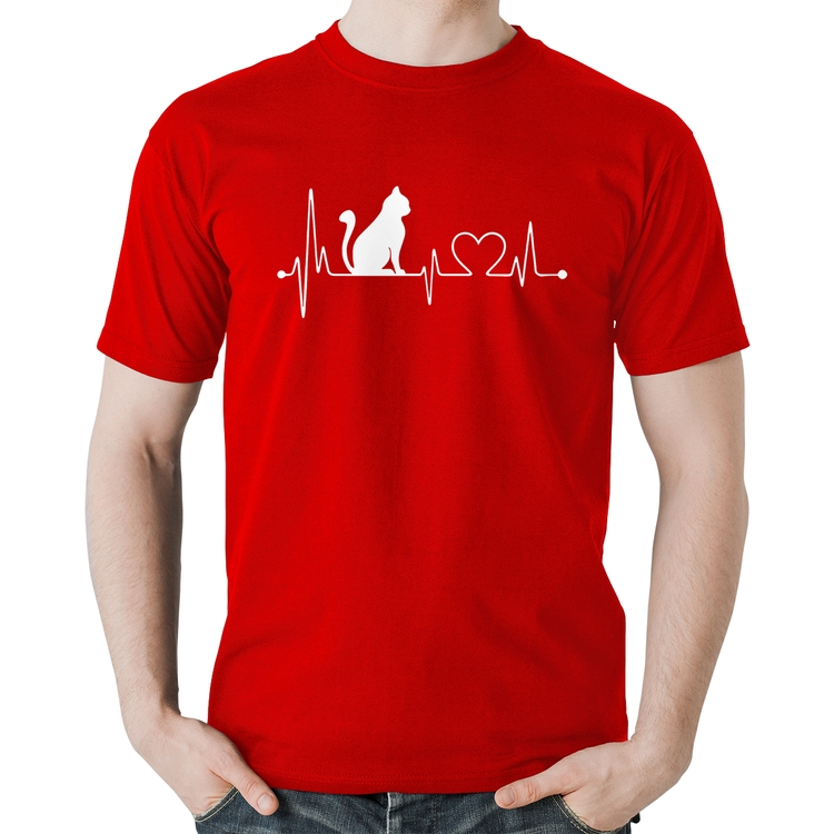 Camiseta Algodão Gato Batimentos Cardíacos - Vermelha