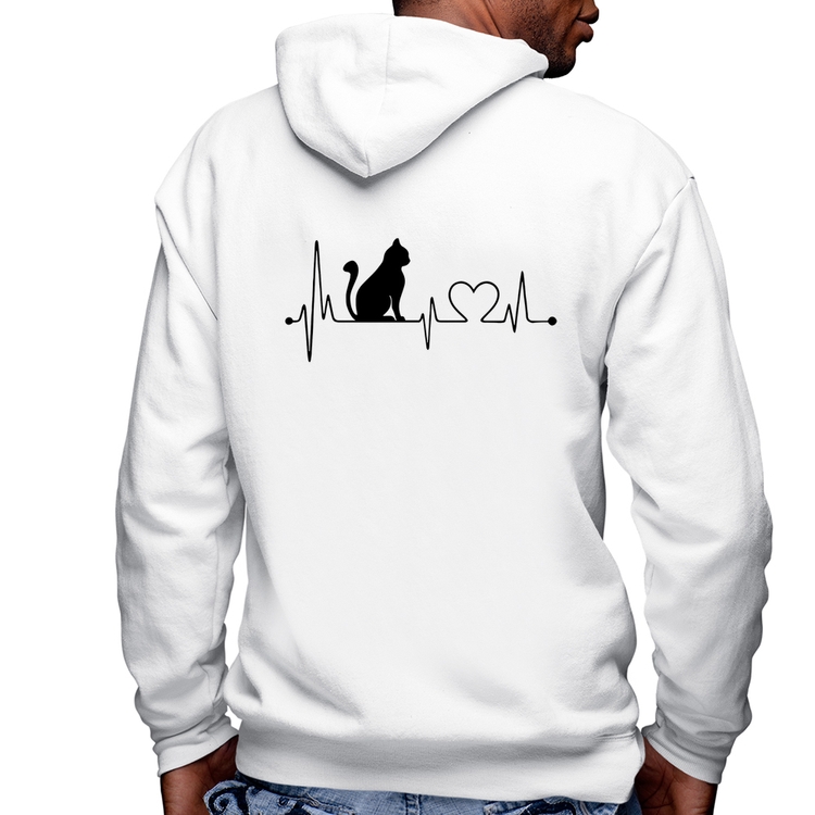 Blusa Moletom Gato Batimentos Cardíacos Masculina com Capuz e Zíper - Branca