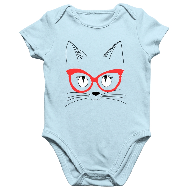 Body Bebê Algodão Gato De Óculos - Azul Bebê