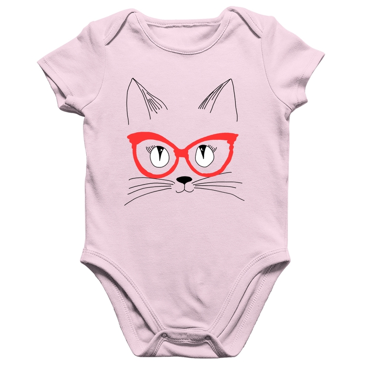 Body Bebê Algodão Gato De Óculos - Rosa Bebê