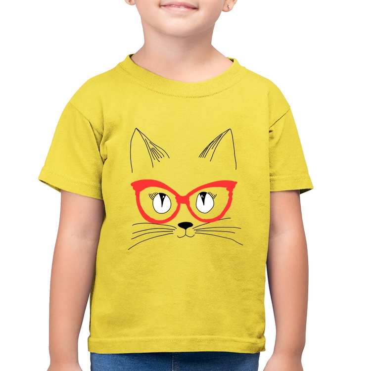 Camiseta Algodão Infantil Gato De Óculos - Amarelo Canário