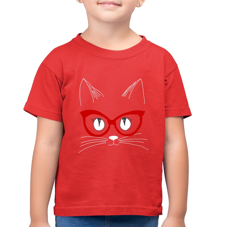 Camiseta Algodão Infantil Gato De Óculos - Vermelha