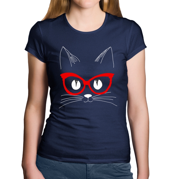 Baby Look Algodão Gato De Óculos - Marinho