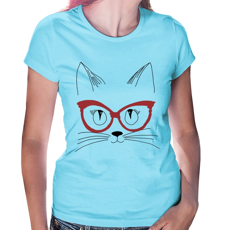 Baby Look Gato De Óculos - Azul Bebê