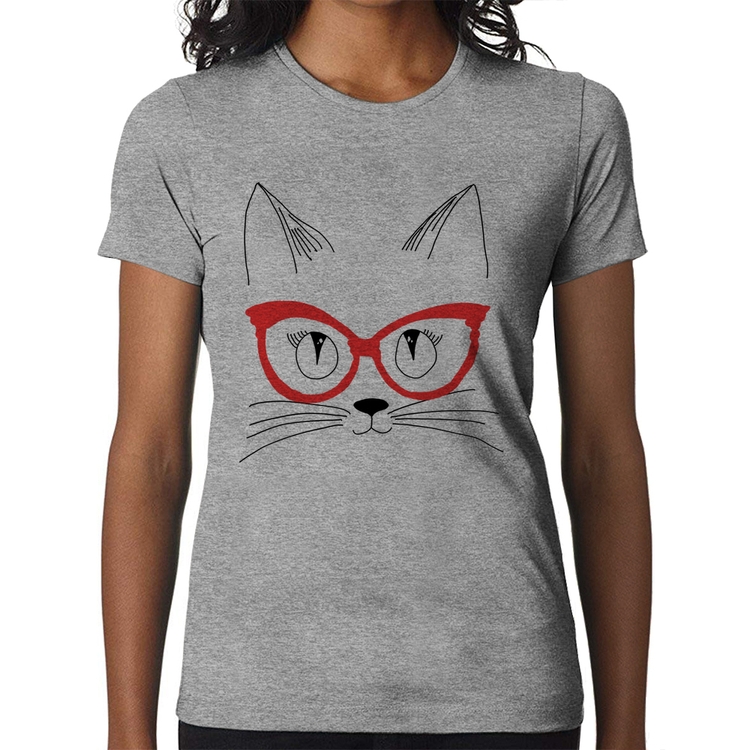 Baby Look Gato De Óculos - Cinza