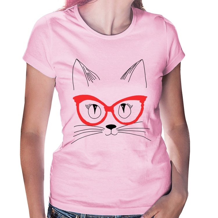 Baby Look Gato De Óculos - Rosa Bebê