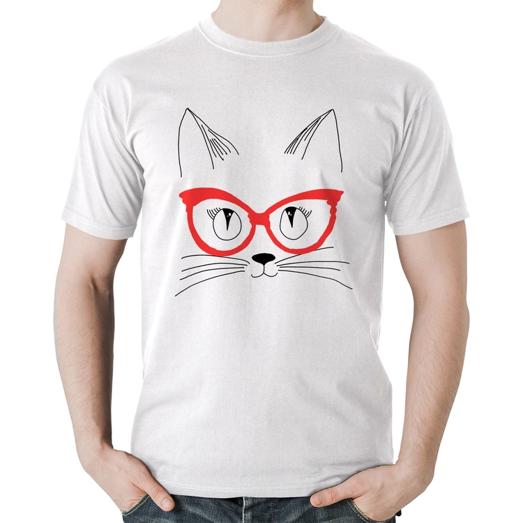 Camiseta Algodão Gato De Óculos - Branca