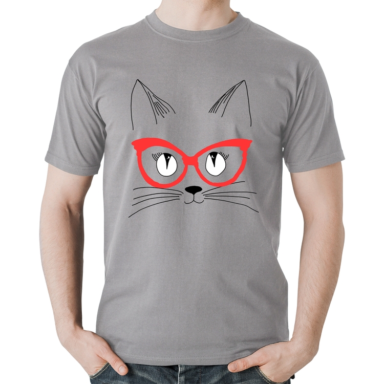 Camiseta Algodão Gato De Óculos - Cinza