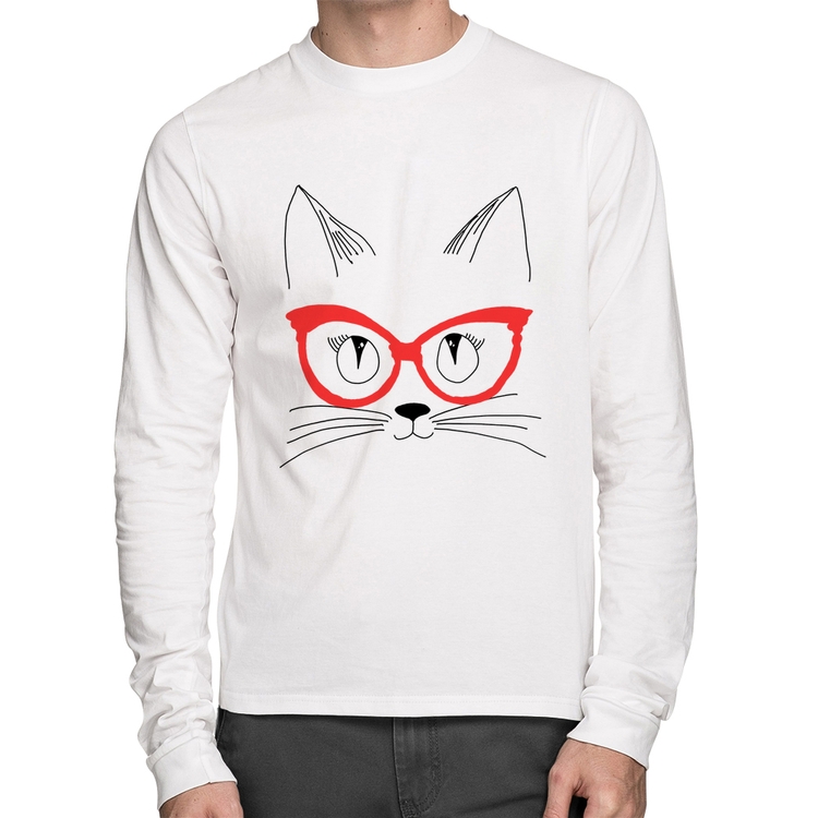 Camiseta Algodão Gato De Óculos Manga Longa - Branca