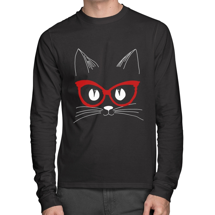 Camiseta Algodão Gato De Óculos Manga Longa