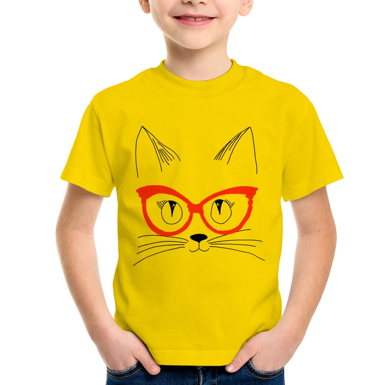 Camiseta Infantil Gato De Óculos - Amarela