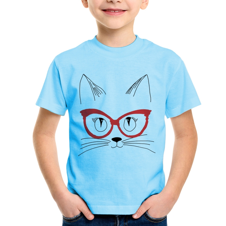 Camiseta Infantil Gato De Óculos - Azul Bebê