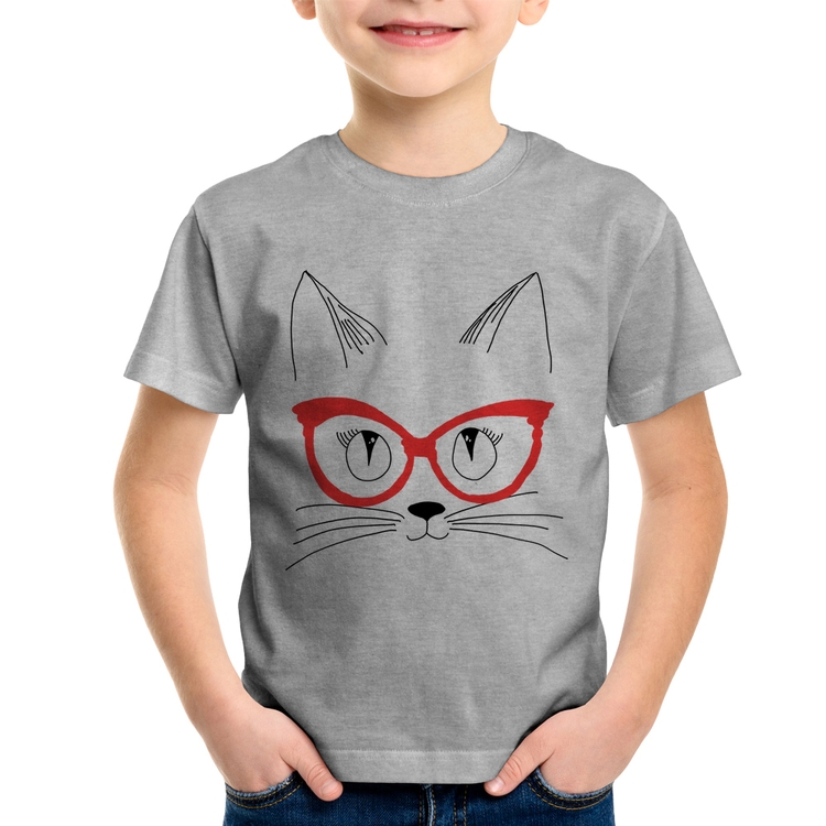 Camiseta Infantil Gato De Óculos - Cinza
