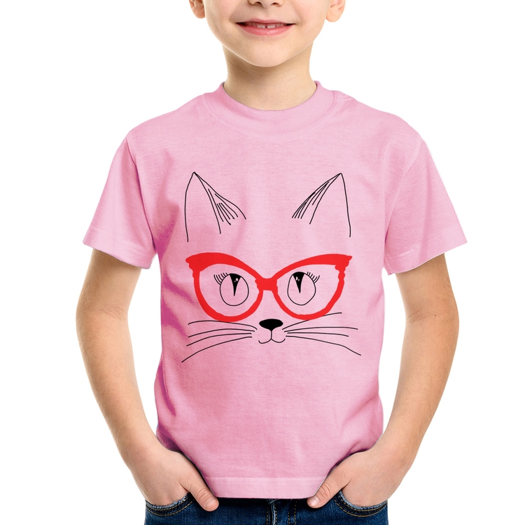 Camiseta Infantil Gato De Óculos - Rosa Bebê