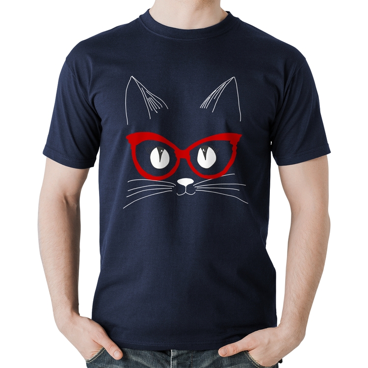 Camiseta Algodão Gato De Óculos - Marinho