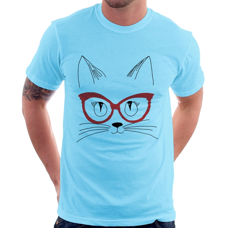 Camiseta Gato De Óculos - Azul Bebê