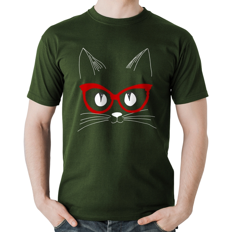 Camiseta Algodão Gato De Óculos - Musgo