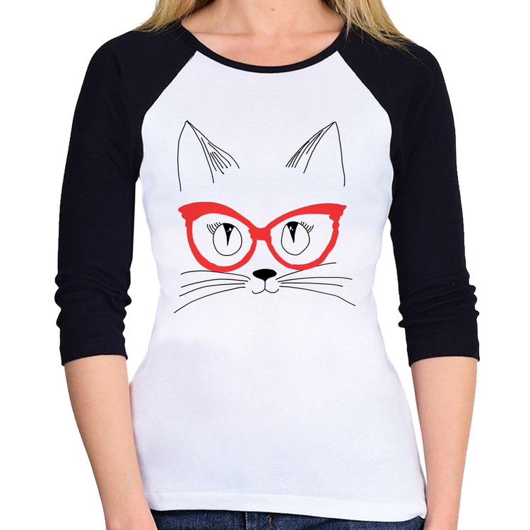 Baby Look Raglan Gato De Óculos Manga 3/4